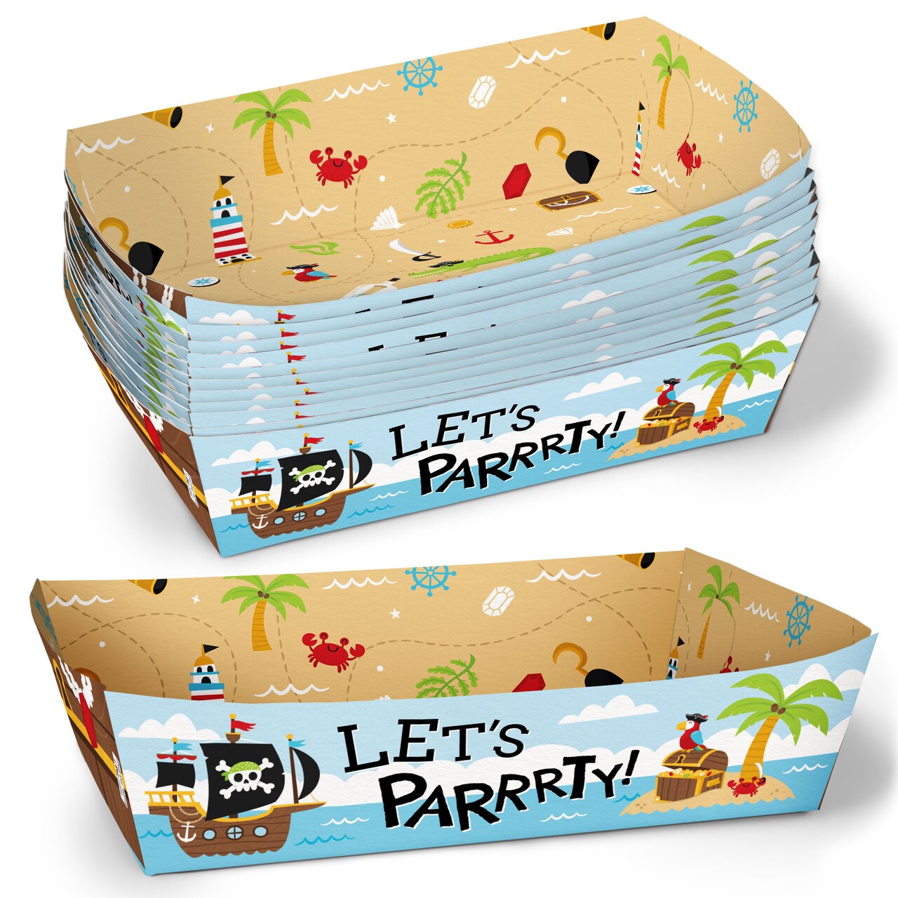 Big Dot of Happiness Pirate Ship Adventures Party Paper Food Trays, Disposable Food Boats for Birthday, Double-Sided Paper Meal Holders - 12 Ct